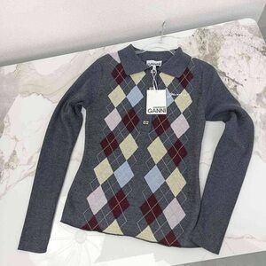 Ganni Gray Argyle Sweater Cardigan